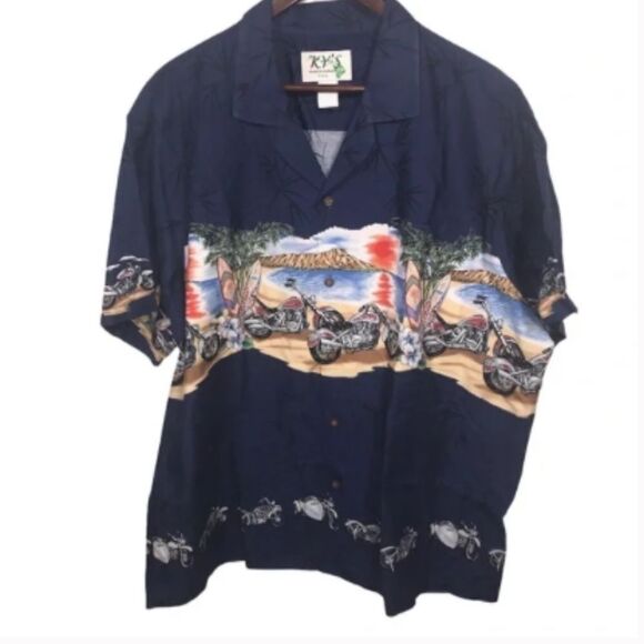 Men's Ky's Hawaiian Surfer Motorcycle Short Sleeve Button Down Shirt - Picture 1 of 12